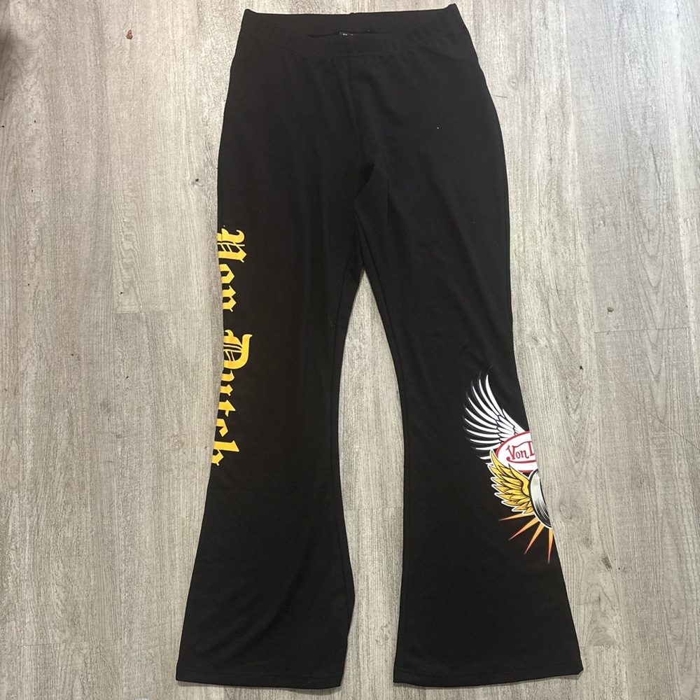 Von Dutch Black Boot Cut Pants with Yellow and White Graphic